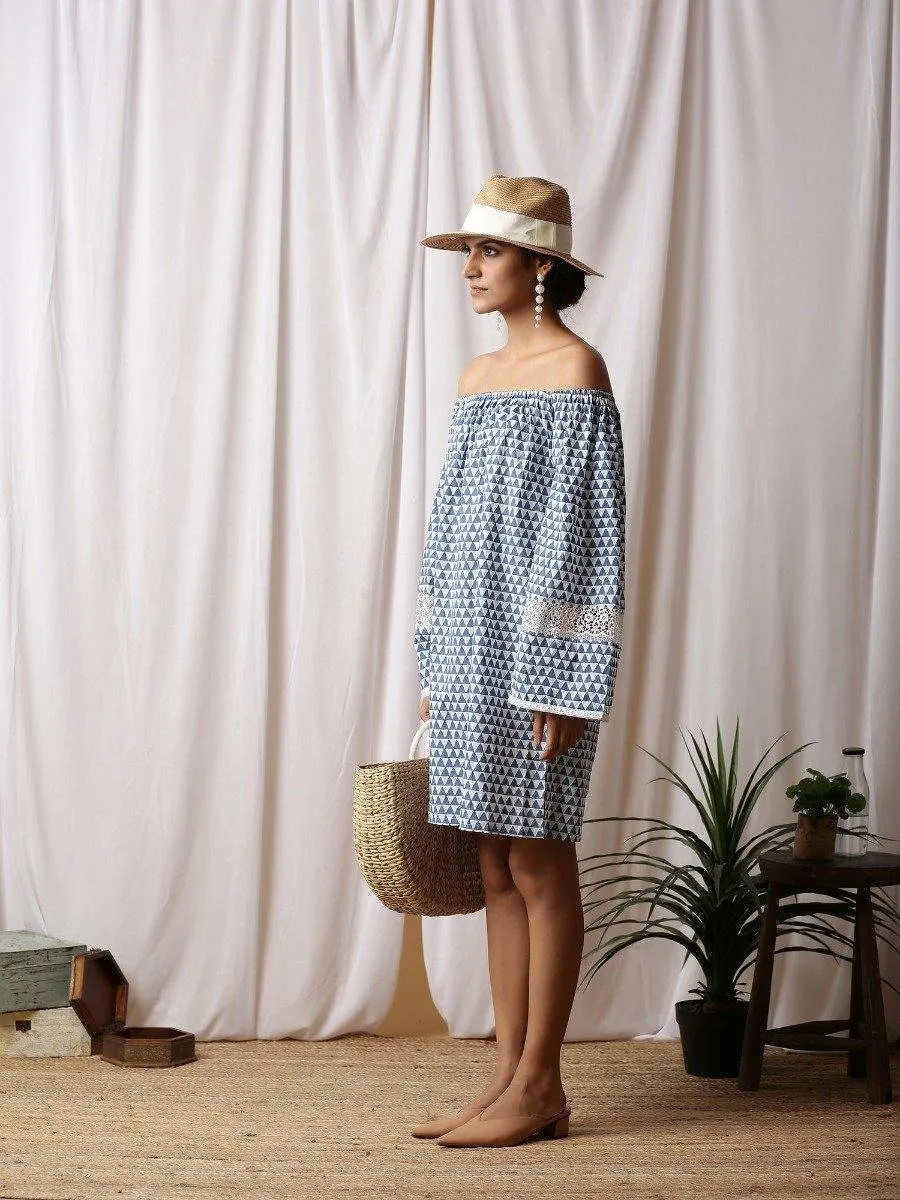 Ciel Off Shoulder Dress - Blue Cotton Printed