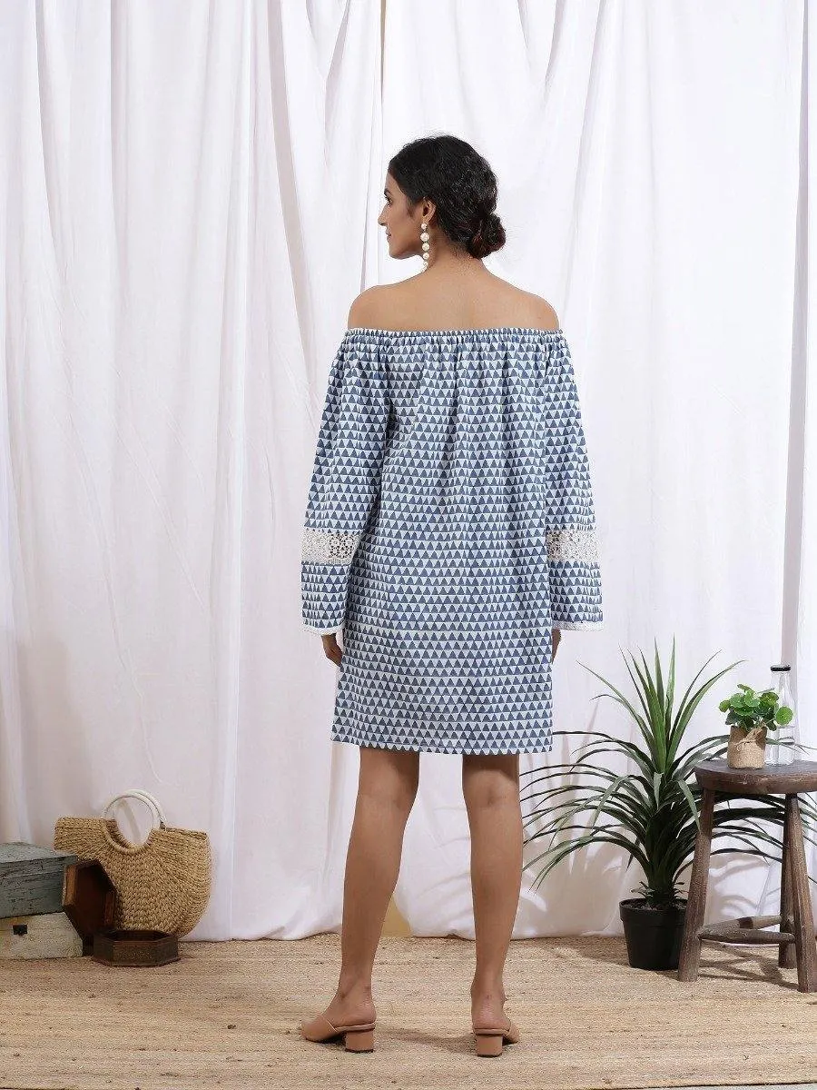 Ciel Off Shoulder Dress - Blue Cotton Printed