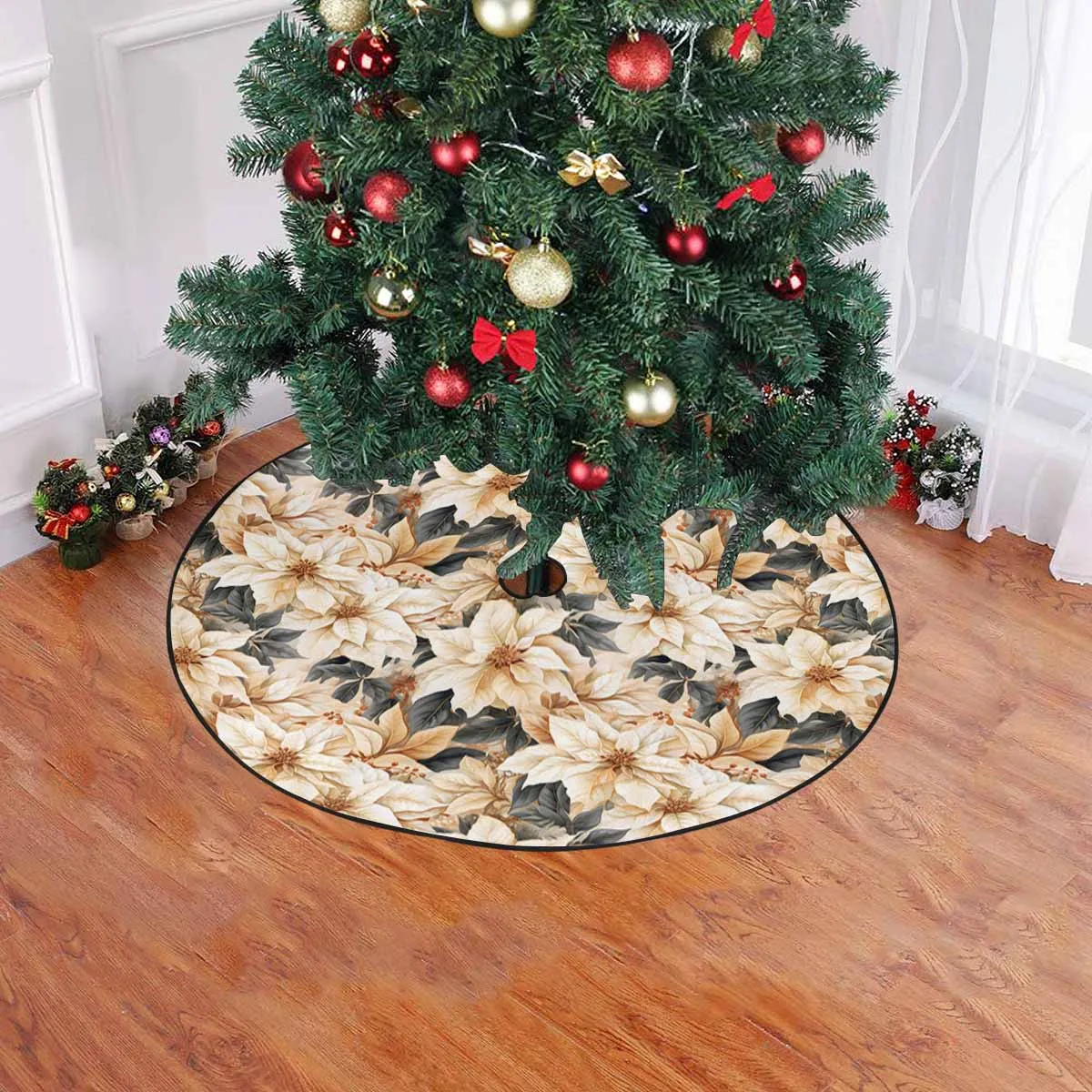 Cream Poinsettia2  Christmas Tree Skirt