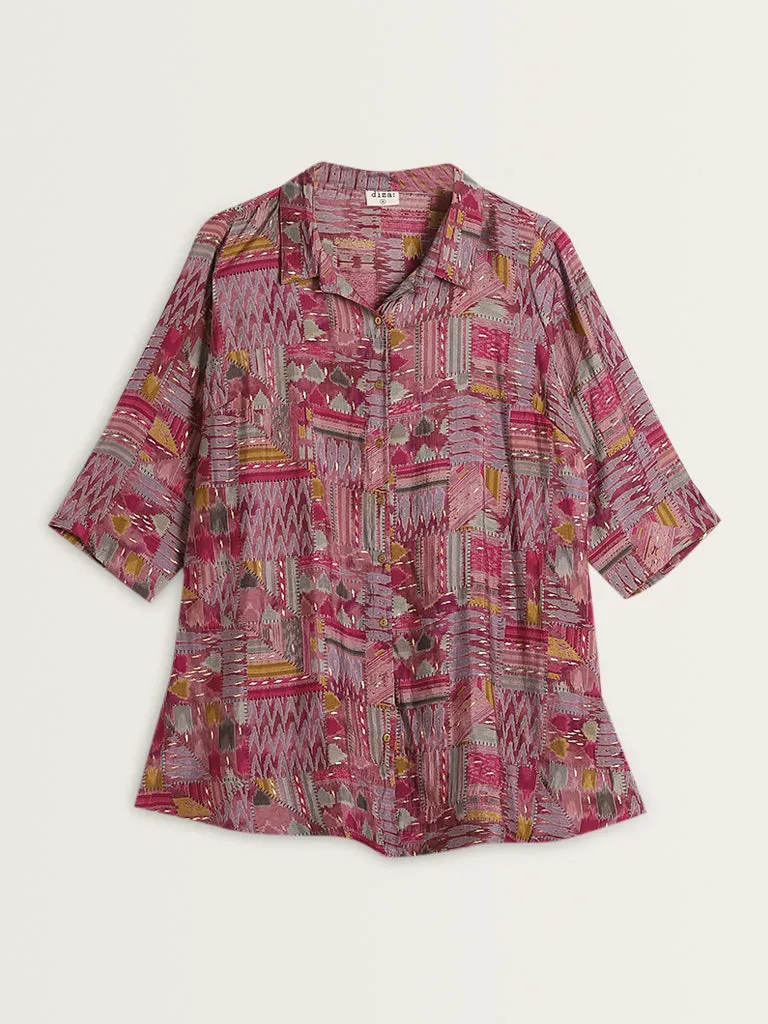 Diza Pink Ikat Printed High-Low Tunic