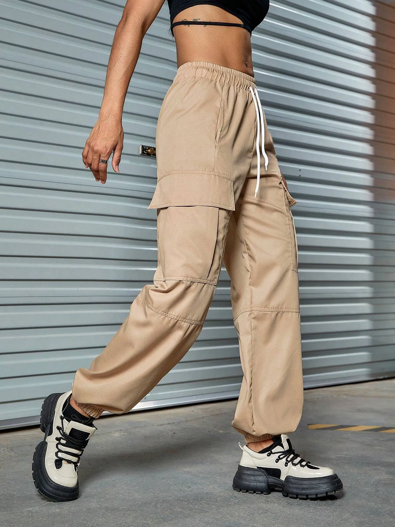 Drawstring Cargo Pants With Letter Patched