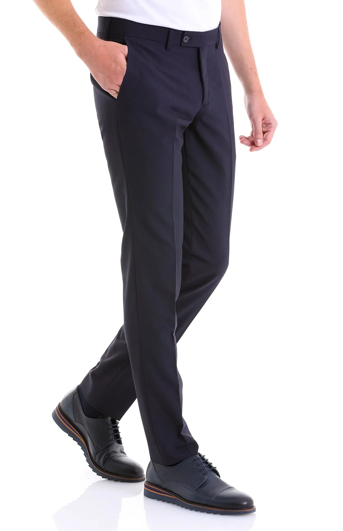 Dynamic Fit Side Pocket Low Waist Unpleated Wool Black Dress Pants, Navy