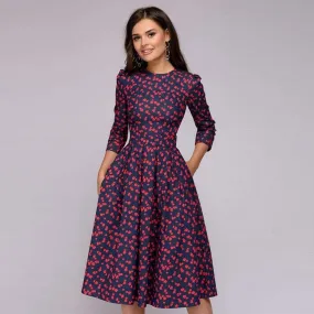 FashionSierra - Vintage pleated tunic print dress women Elegant ladies A line dresses