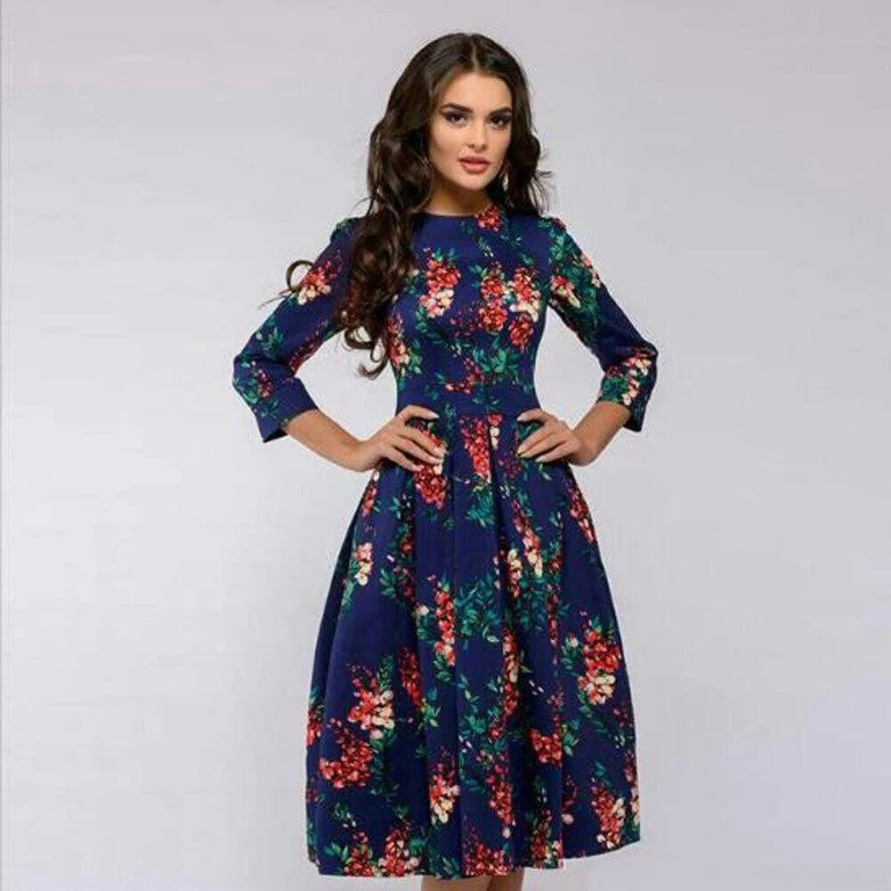 FashionSierra - Vintage pleated tunic print dress women Elegant ladies A line dresses