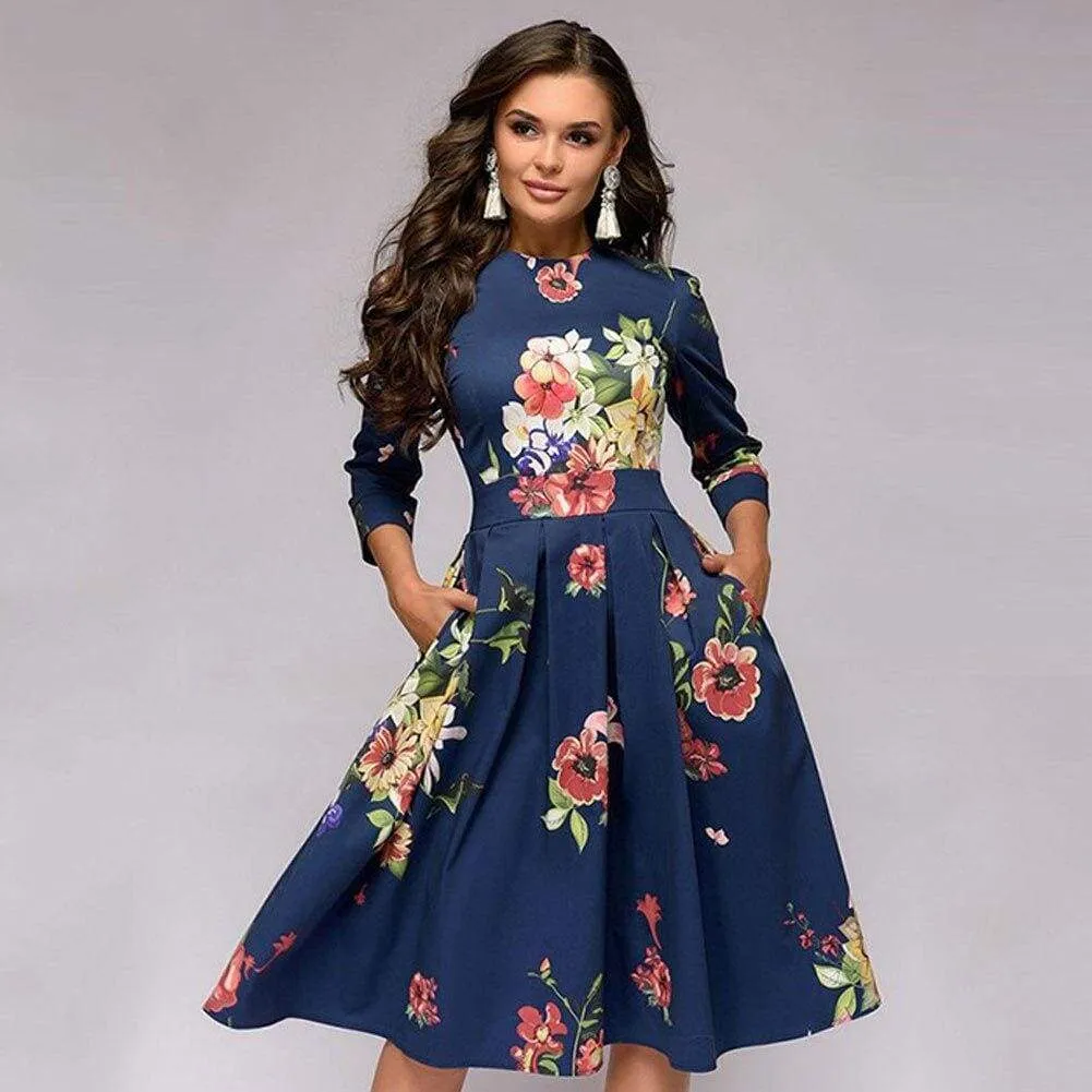 FashionSierra - Vintage pleated tunic print dress women Elegant ladies A line dresses