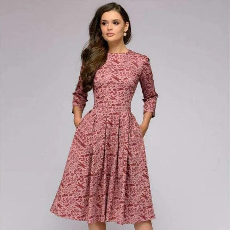 FashionSierra - Vintage pleated tunic print dress women Elegant ladies A line dresses