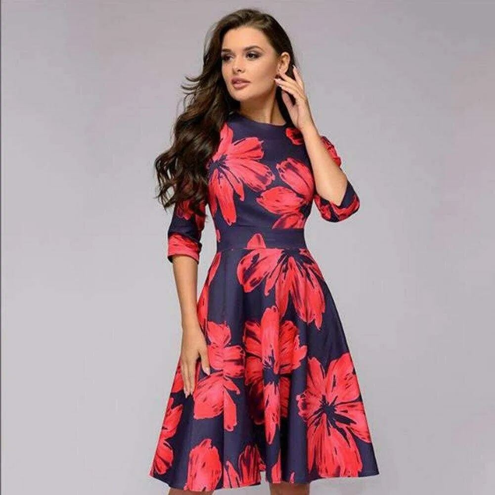 FashionSierra - Vintage pleated tunic print dress women Elegant ladies A line dresses