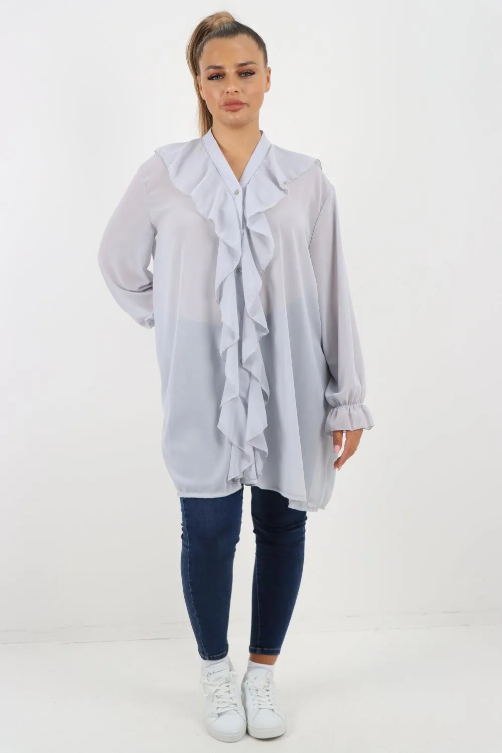 Full Ruffle Front Long Sleeve V Neck Shirt Top