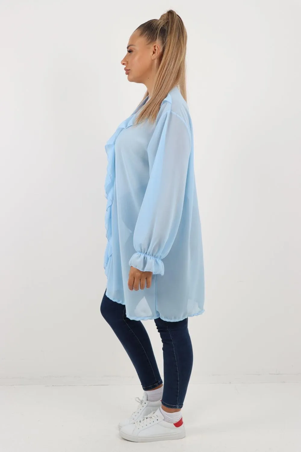 Full Ruffle Front Long Sleeve V Neck Shirt Top