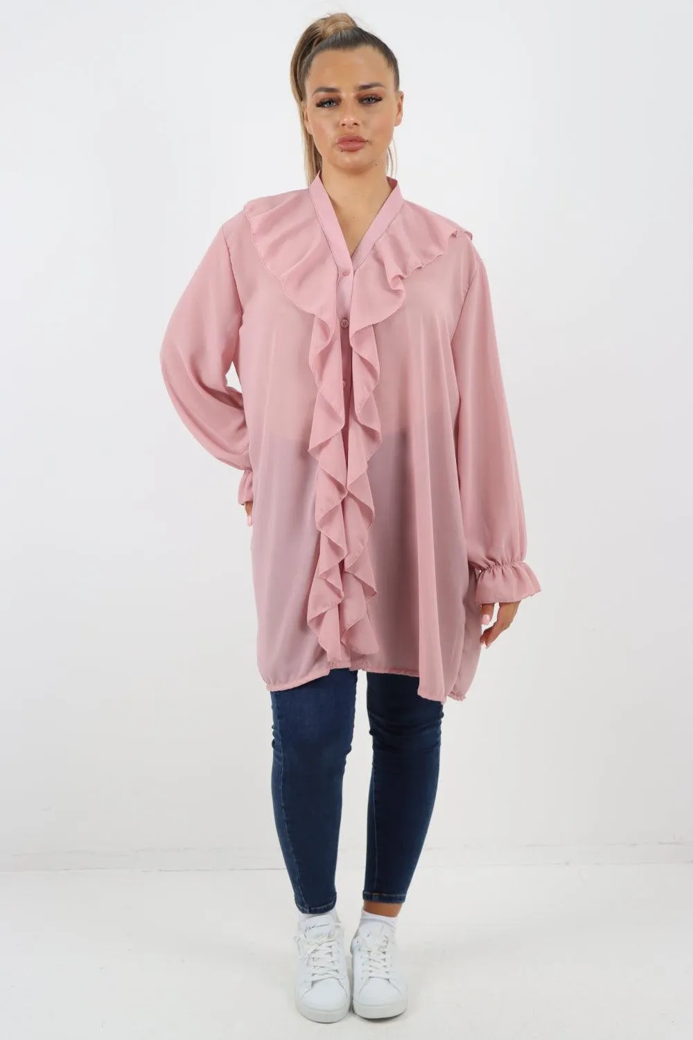 Full Ruffle Front Long Sleeve V Neck Shirt Top