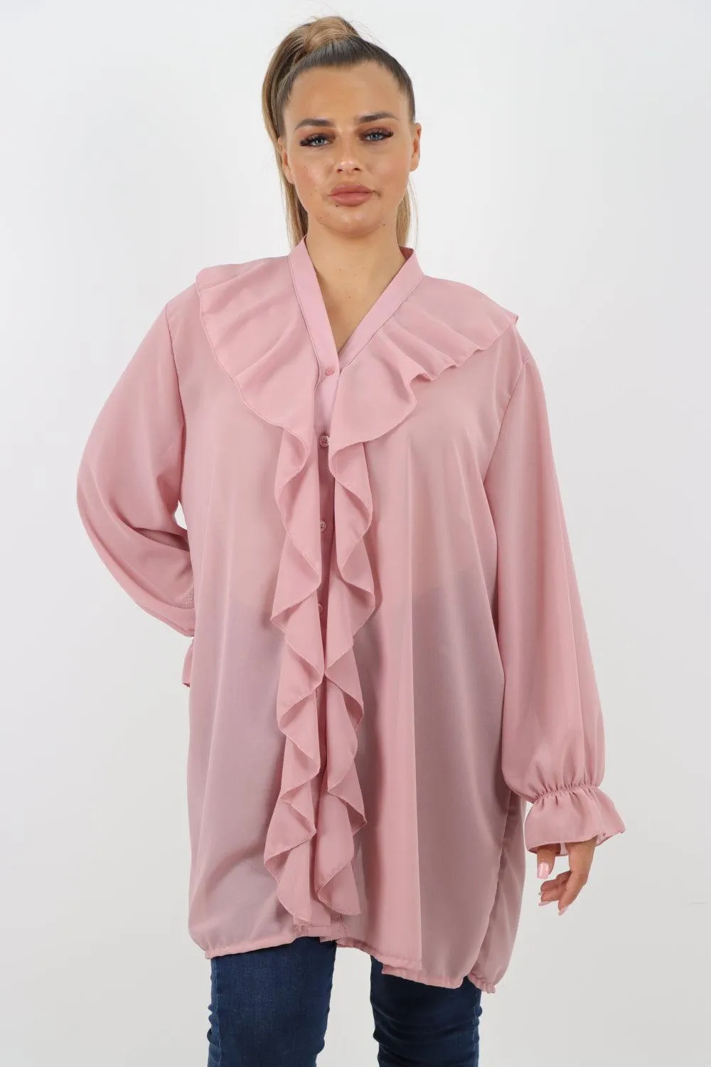 Full Ruffle Front Long Sleeve V Neck Shirt Top