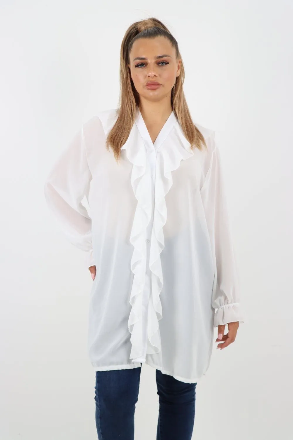 Full Ruffle Front Long Sleeve V Neck Shirt Top