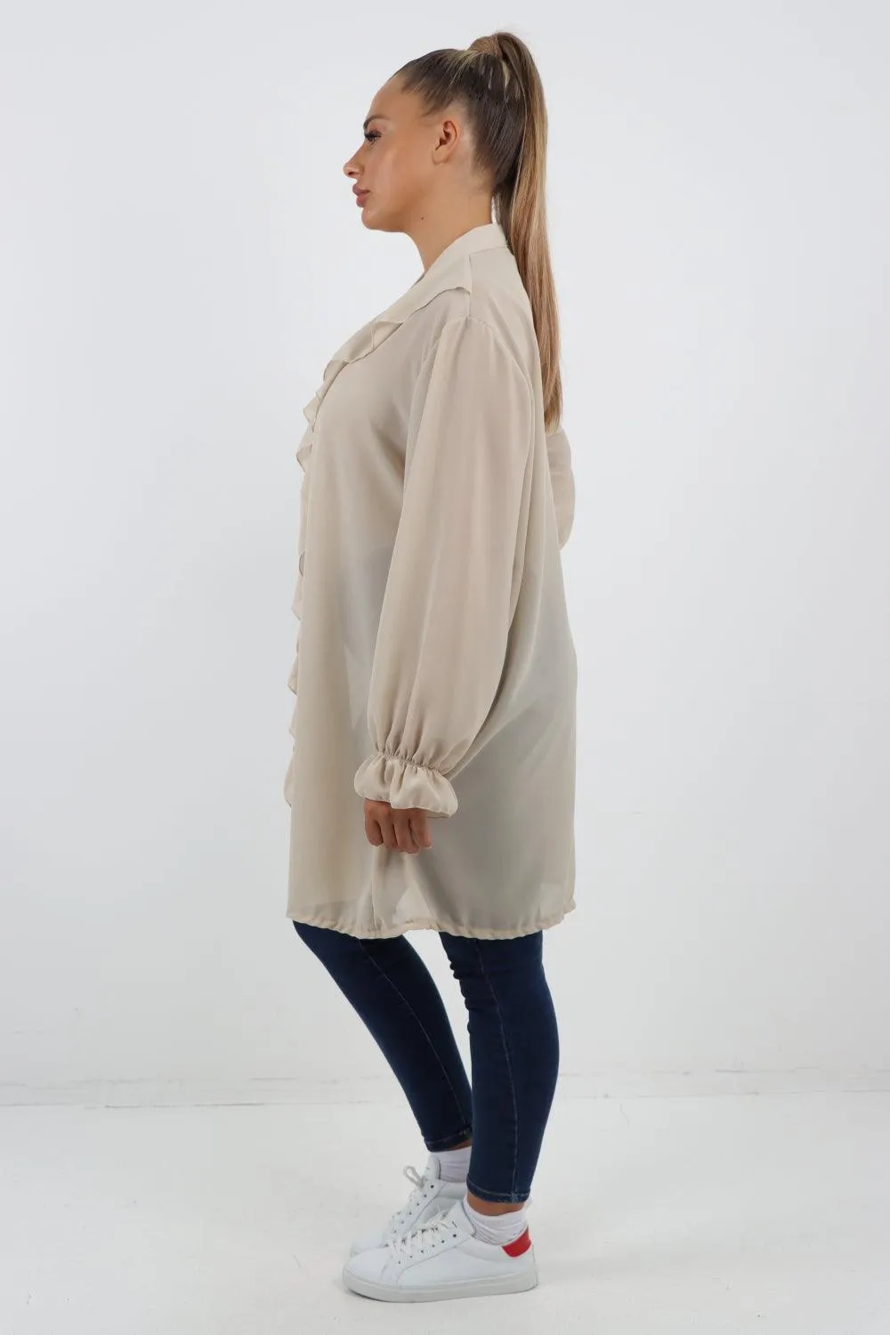 Full Ruffle Front Long Sleeve V Neck Shirt Top