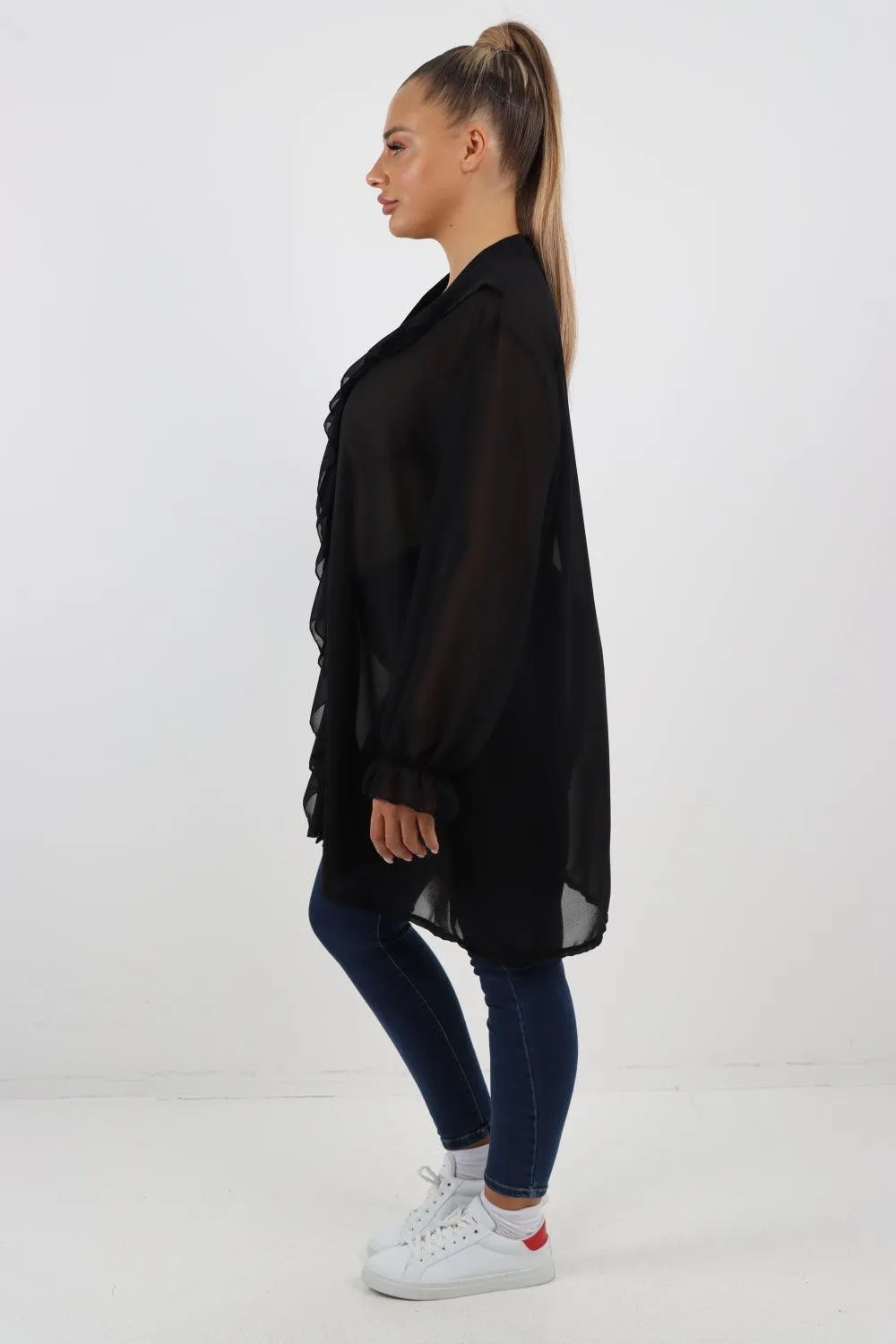 Full Ruffle Front Long Sleeve V Neck Shirt Top