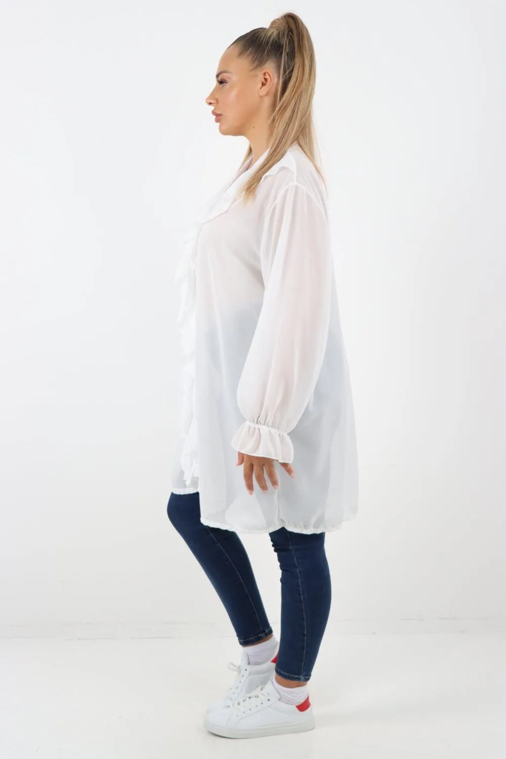 Full Ruffle Front Long Sleeve V Neck Shirt Top