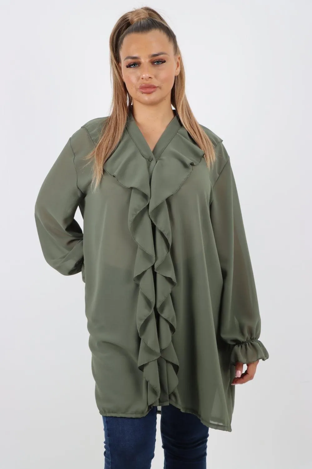 Full Ruffle Front Long Sleeve V Neck Shirt Top