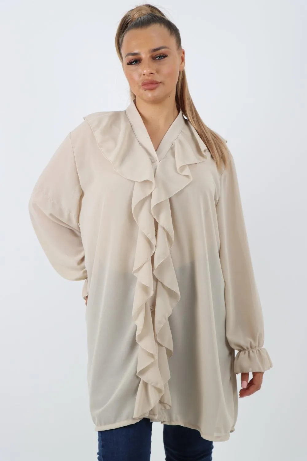 Full Ruffle Front Long Sleeve V Neck Shirt Top