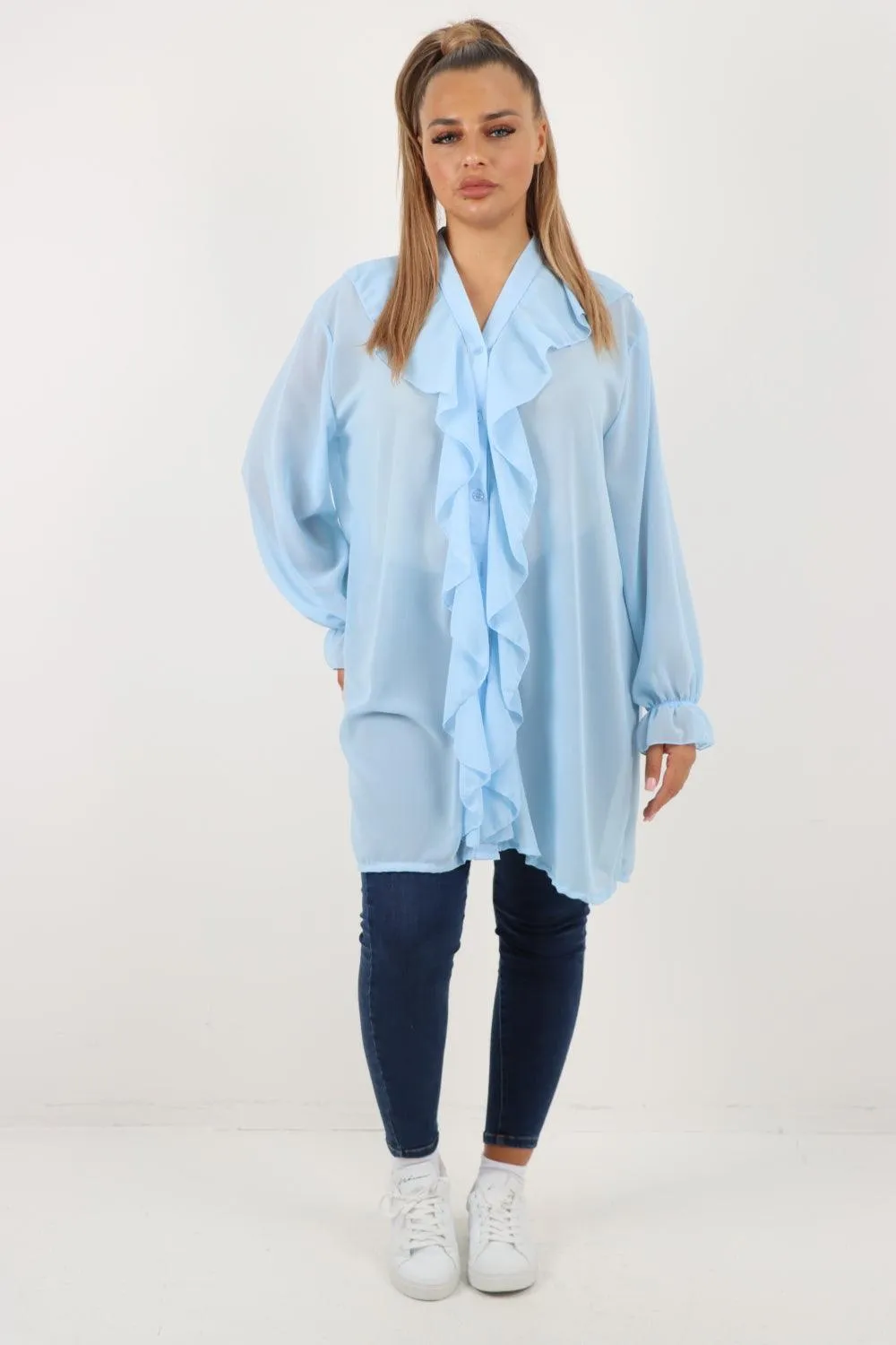 Full Ruffle Front Long Sleeve V Neck Shirt Top