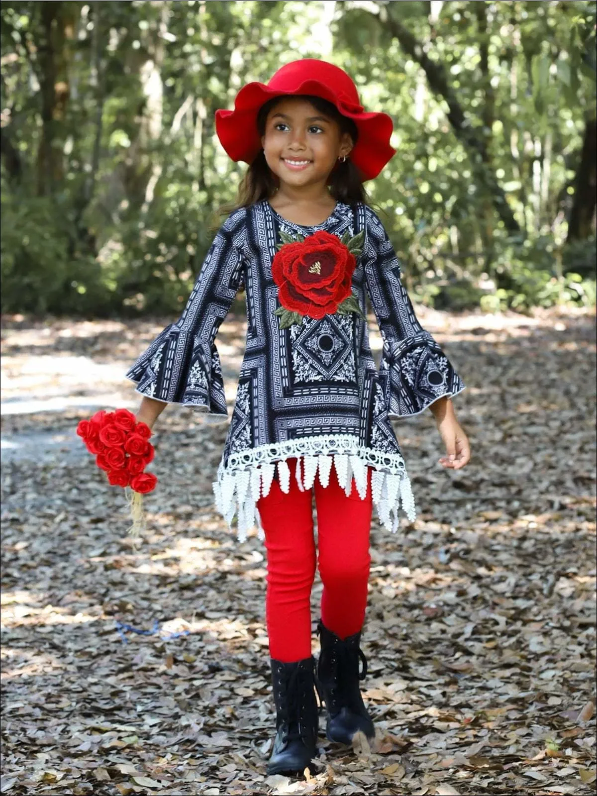 Girls Black And Creme Geometric Print Bell Sleeve Leaf Crochet Fringe Tunic with Rose Applique