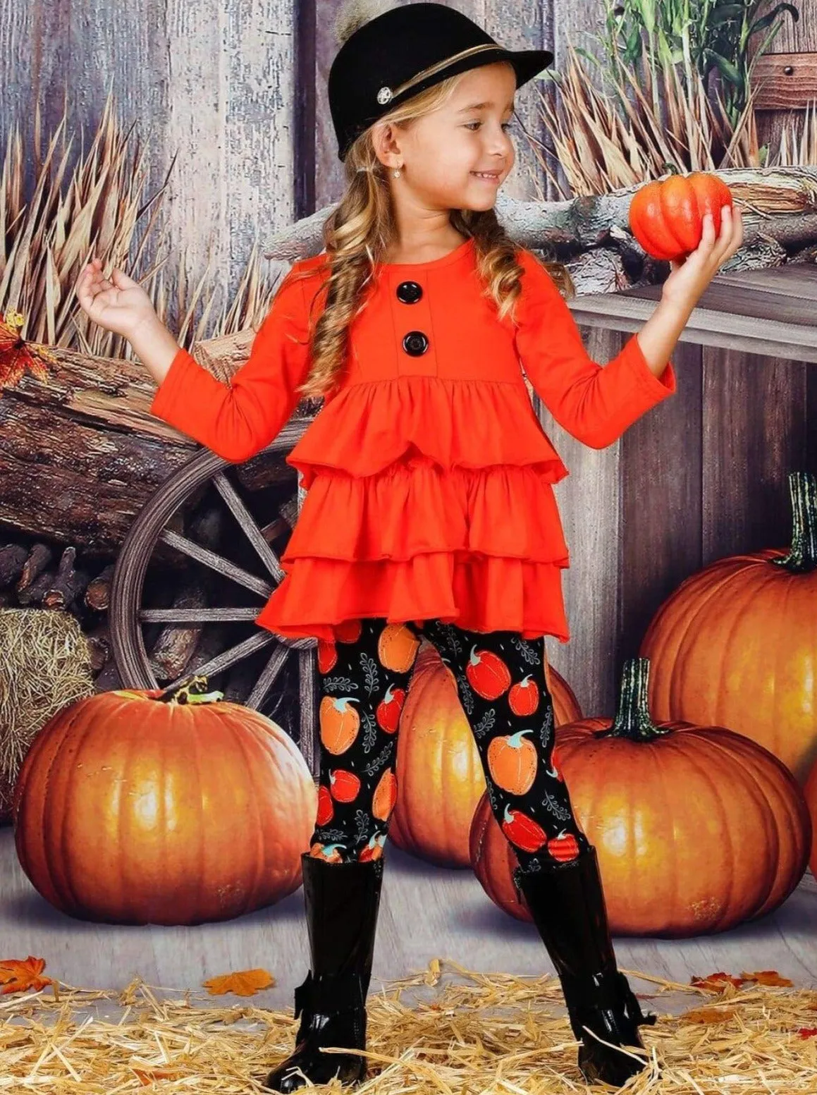 Girls Halloween Themed Long Sleeve Tiered Buttoned Tunic And Printed Leggings