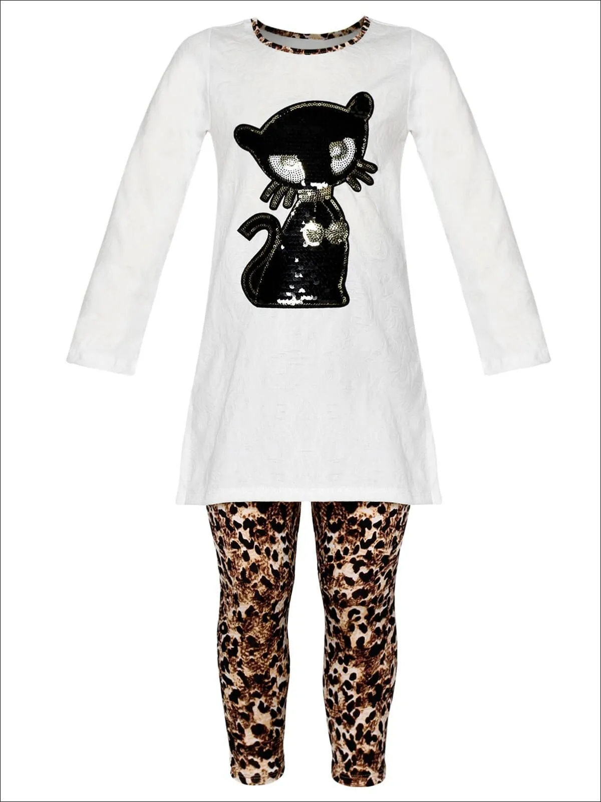 Girls Long Sleeve Sequin Cat Applique Tunic And Animal Print Legging Set