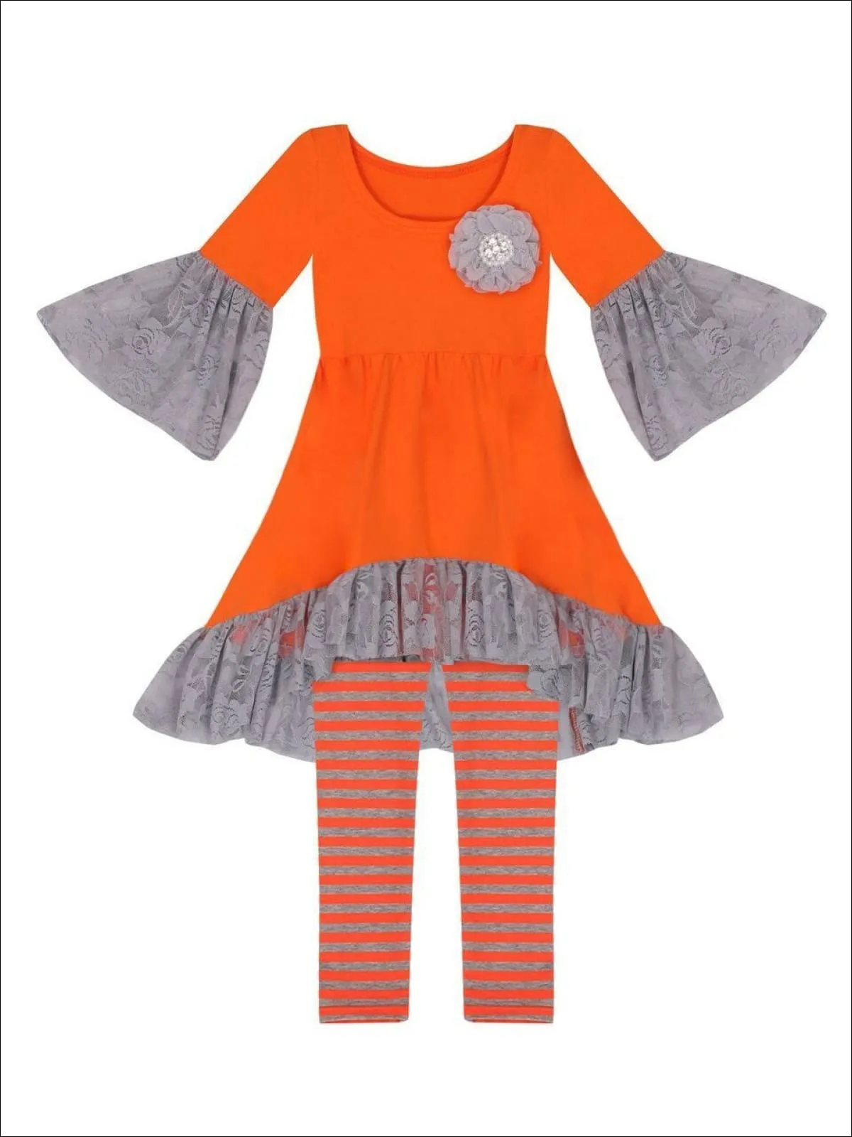 Girls Orange Boho Sleeve Tunic And Grey Striped Legging Set