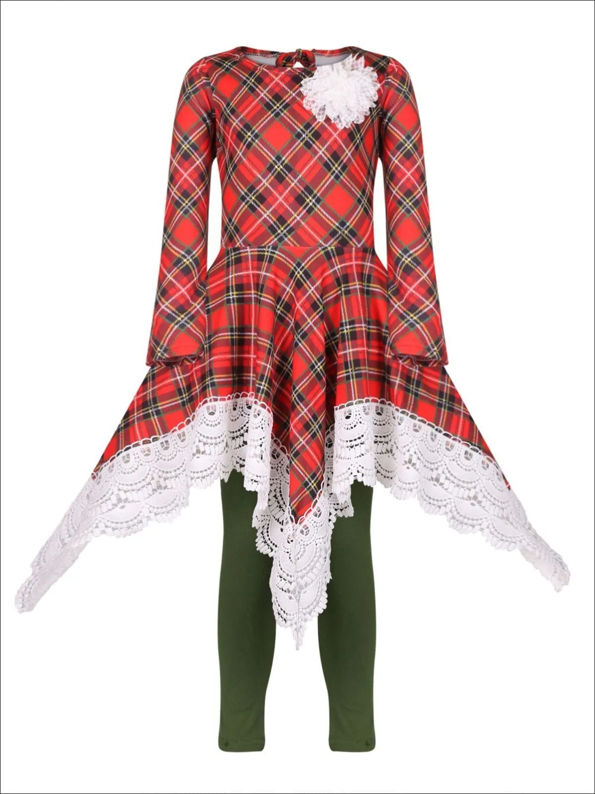 Girls Red And Green Plaid Crochet Trimmed Handkerchief Tunic And Legging Set