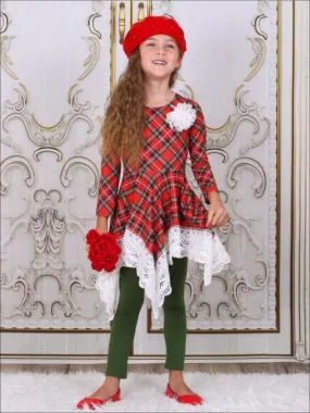 Girls Red And Green Plaid Crochet Trimmed Handkerchief Tunic And Legging Set