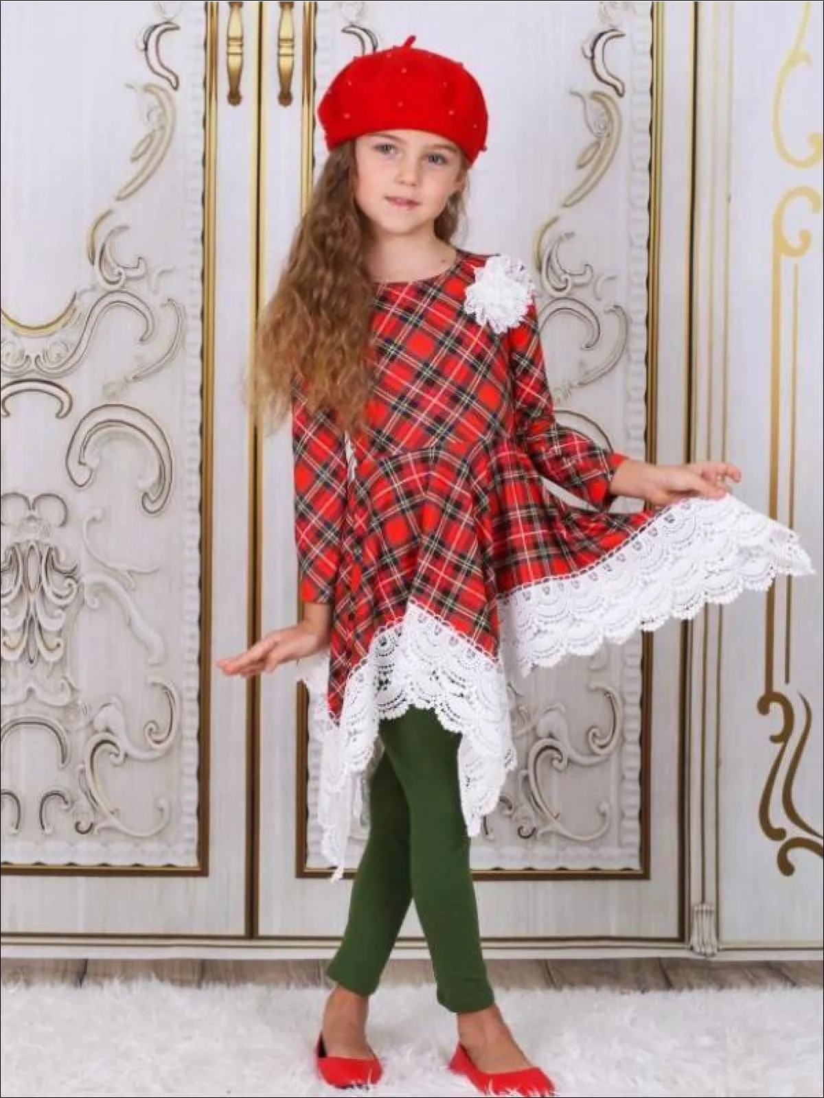 Girls Red And Green Plaid Crochet Trimmed Handkerchief Tunic And Legging Set