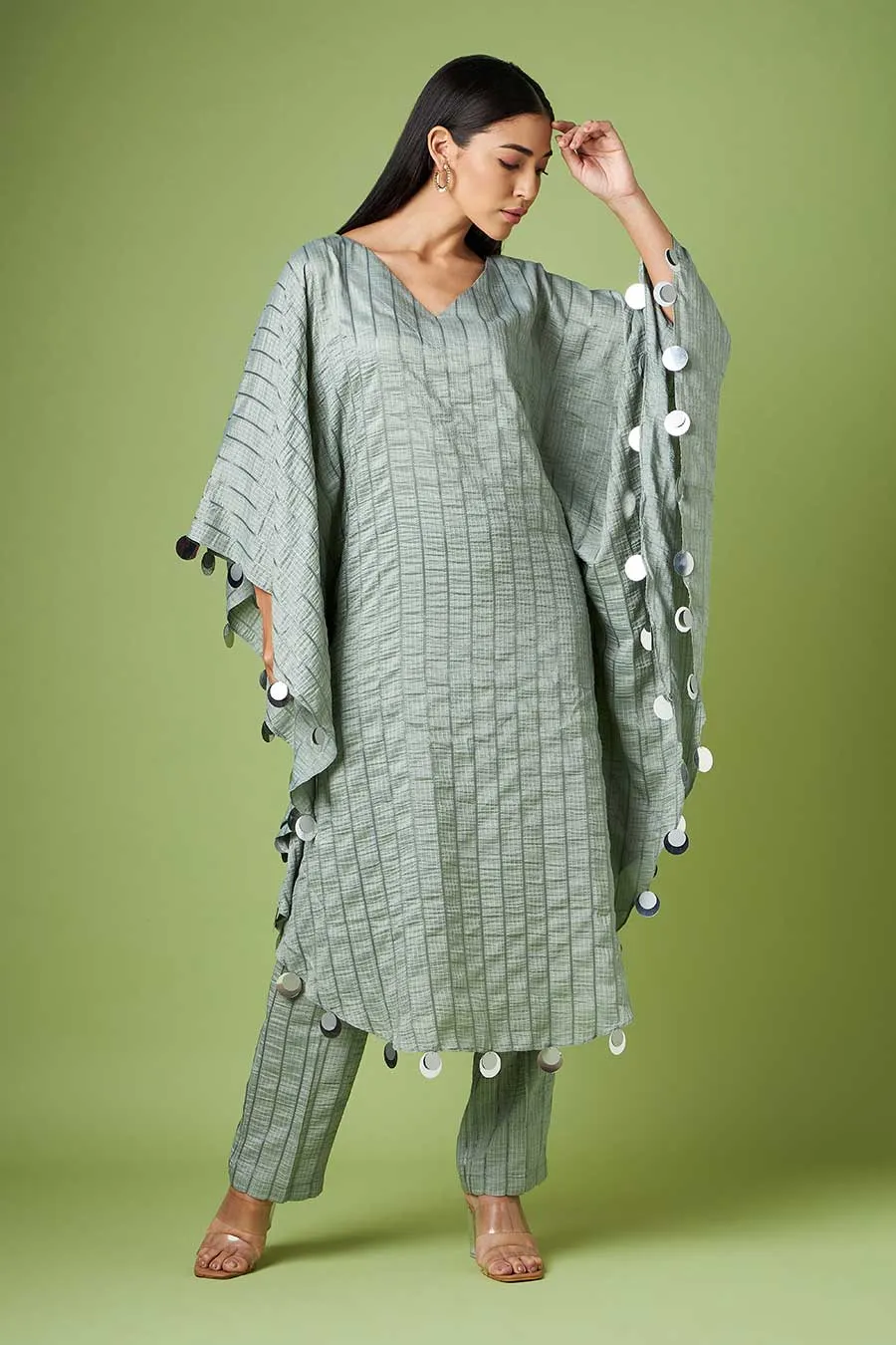 Grey Embellished Kaftan & Pant Co-Ord Set