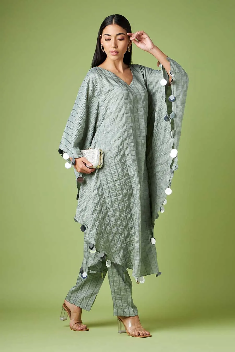 Grey Embellished Kaftan & Pant Co-Ord Set