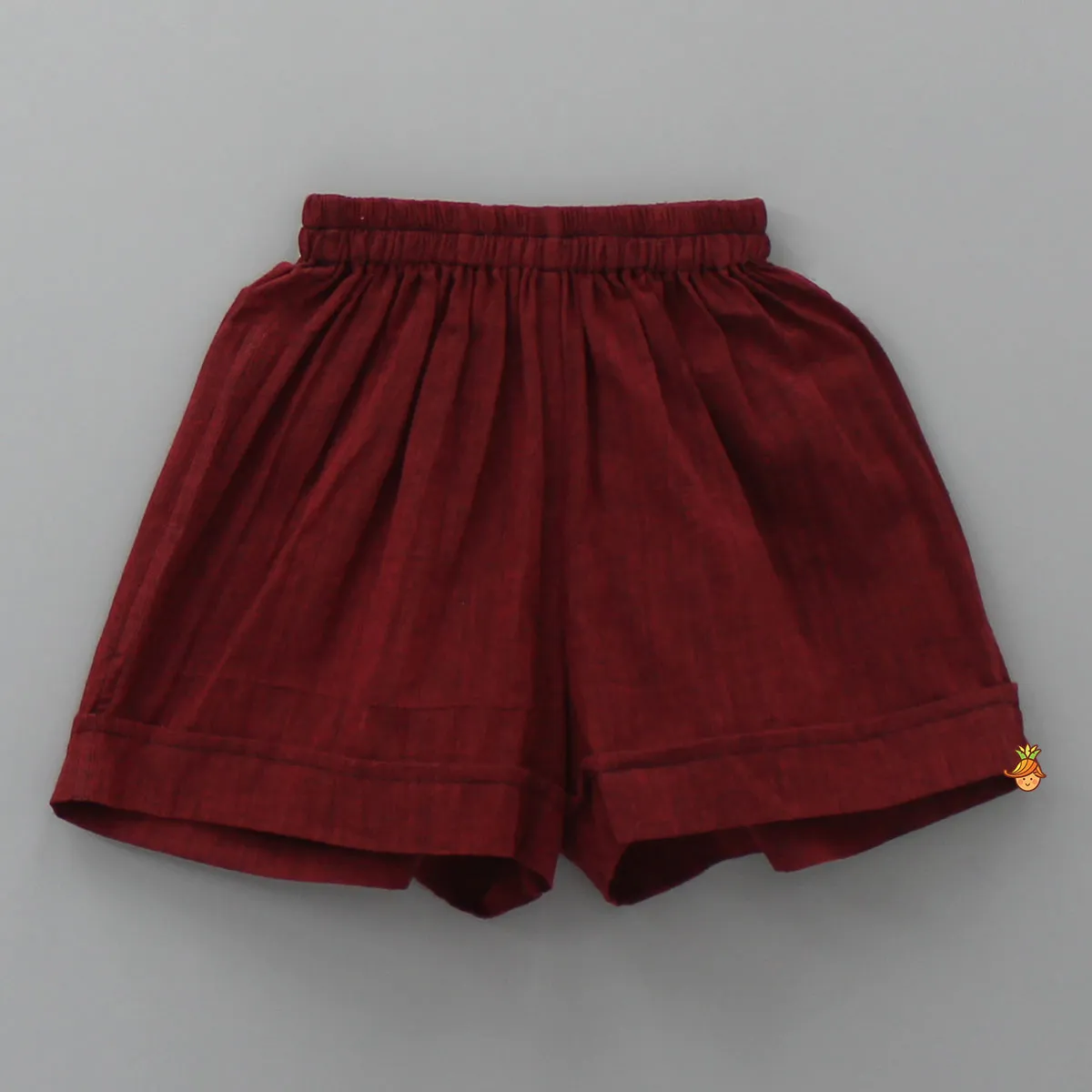 Hand Block Printed Tie Up Top And Burgundy Shorts