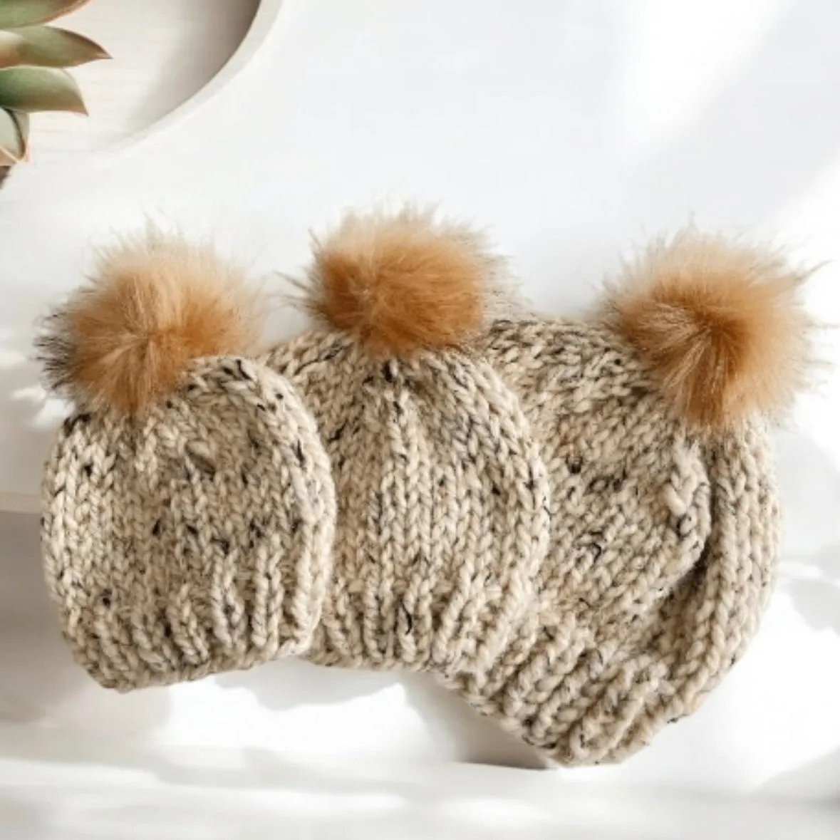 Hand knit fur Pom Pom Baby Beanie in Oatmeal | Newborn / Toddler Winter hat | Chunky Beanie |Baby shower gift |photo prop baby gift