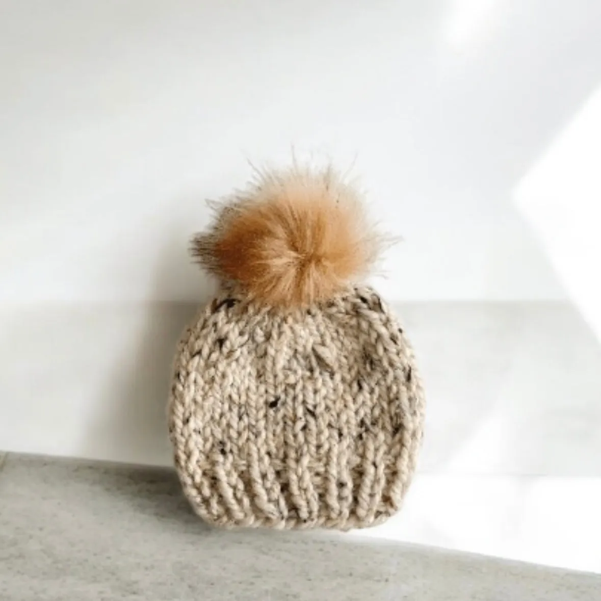 Hand knit fur Pom Pom Baby Beanie in Oatmeal | Newborn / Toddler Winter hat | Chunky Beanie |Baby shower gift |photo prop baby gift