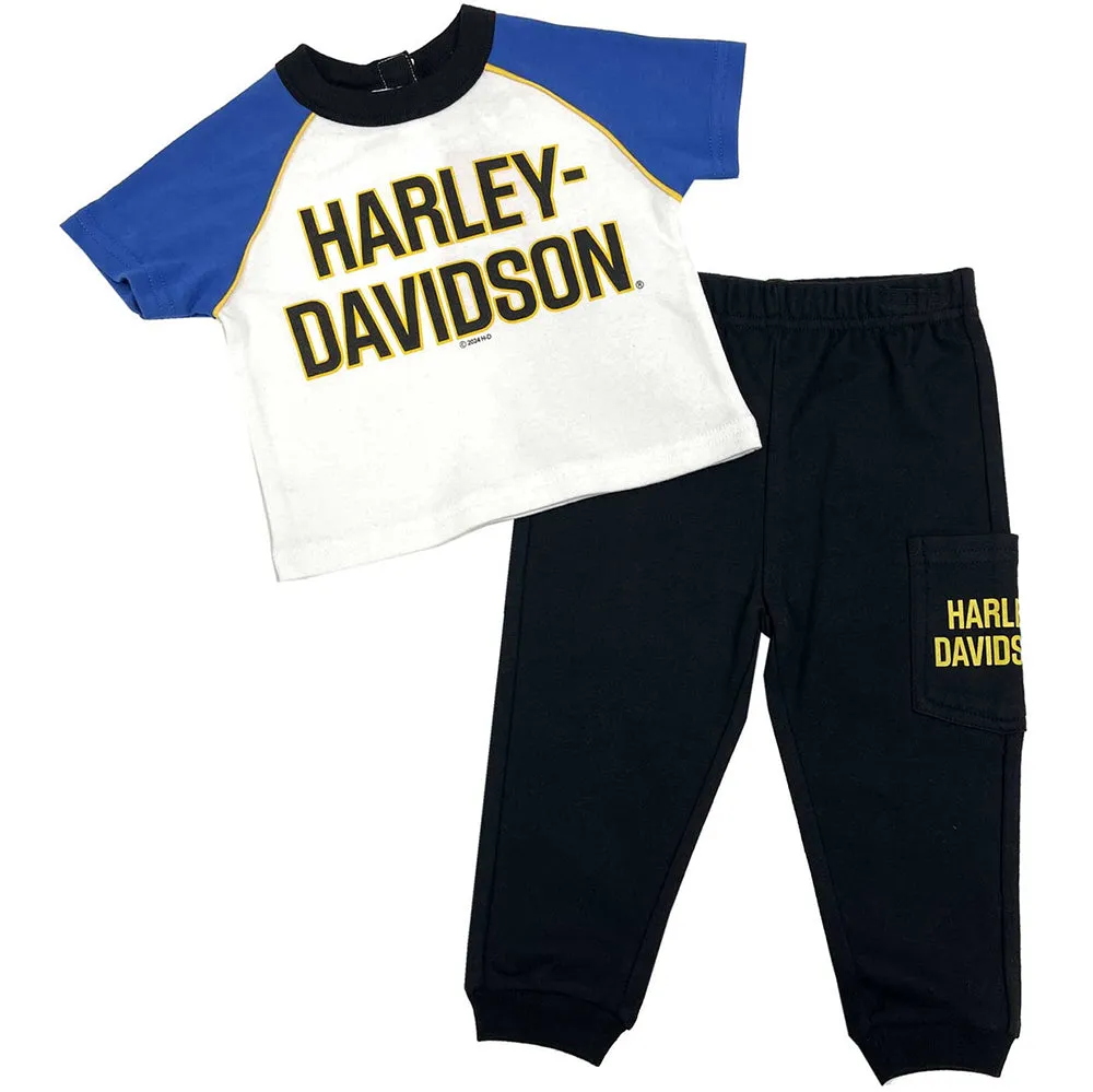 Harley-Davidson Baby Boys' 2-Piece Infant Race Knit Short Sleeve & Pant Set - White, Blue & Black