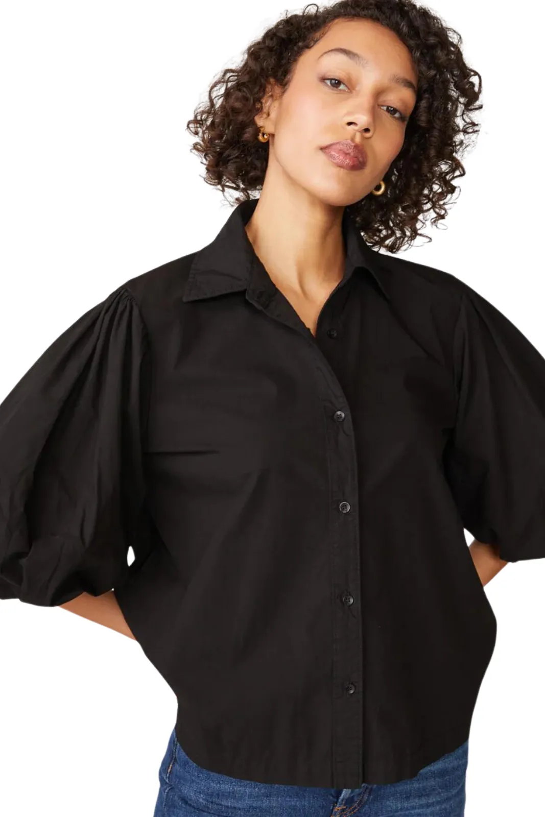 Heavy Poplin Puff Sleeve Shirt, Black