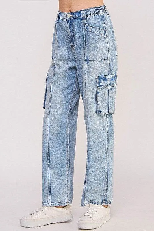 High Waist Baggy Denim Cargo Ankle Length Trousers Plus