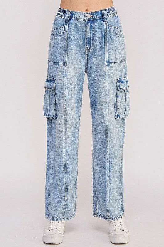 High Waist Baggy Denim Cargo Ankle Length Trousers Plus