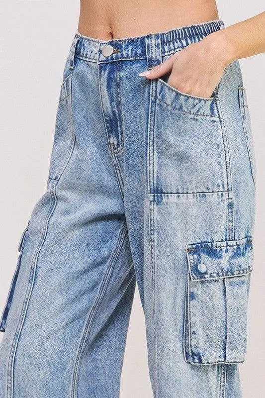 High Waist Baggy Denim Cargo Ankle Length Trousers Plus