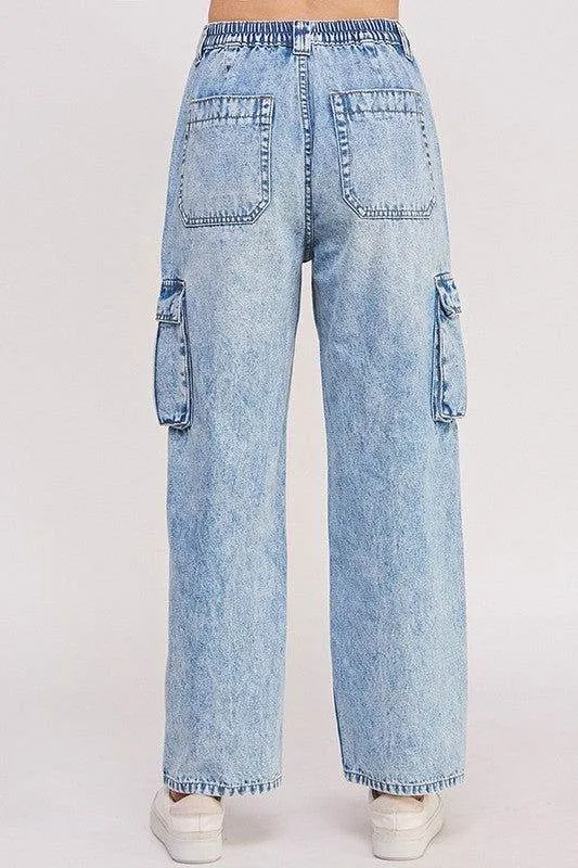 High Waist Baggy Denim Cargo Ankle Length Trousers Plus