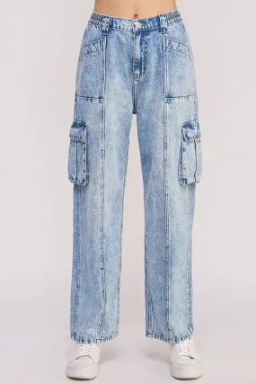 High Waist Baggy Denim Cargo Ankle Length Trousers Plus