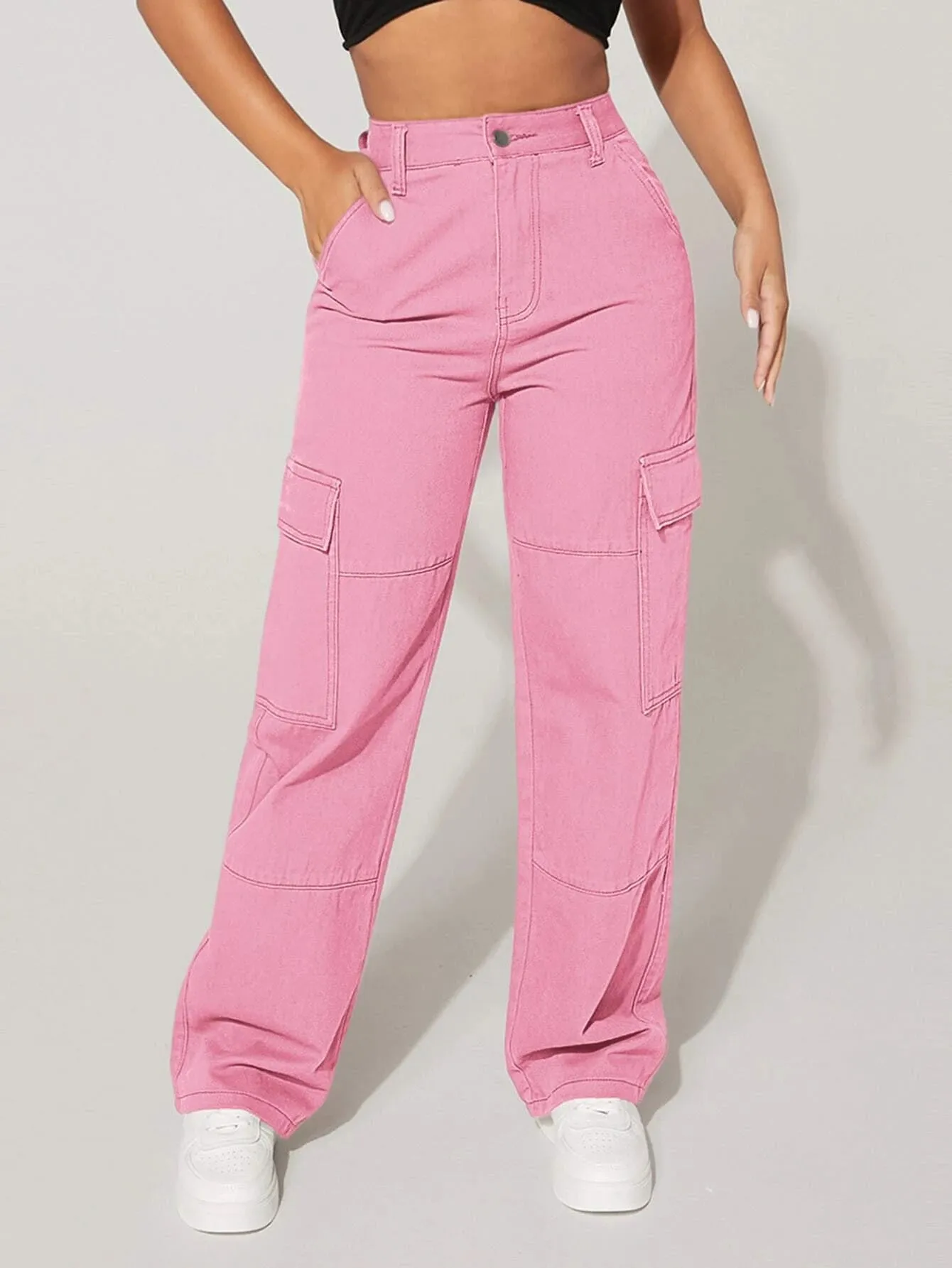 High Waist Cargo Flap Pocket Jeans