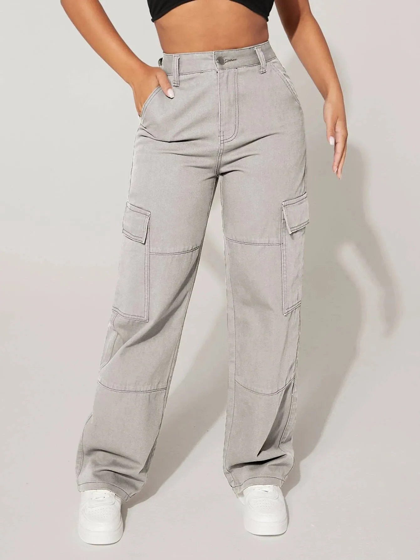 High Waist Cargo Flap Pocket Jeans