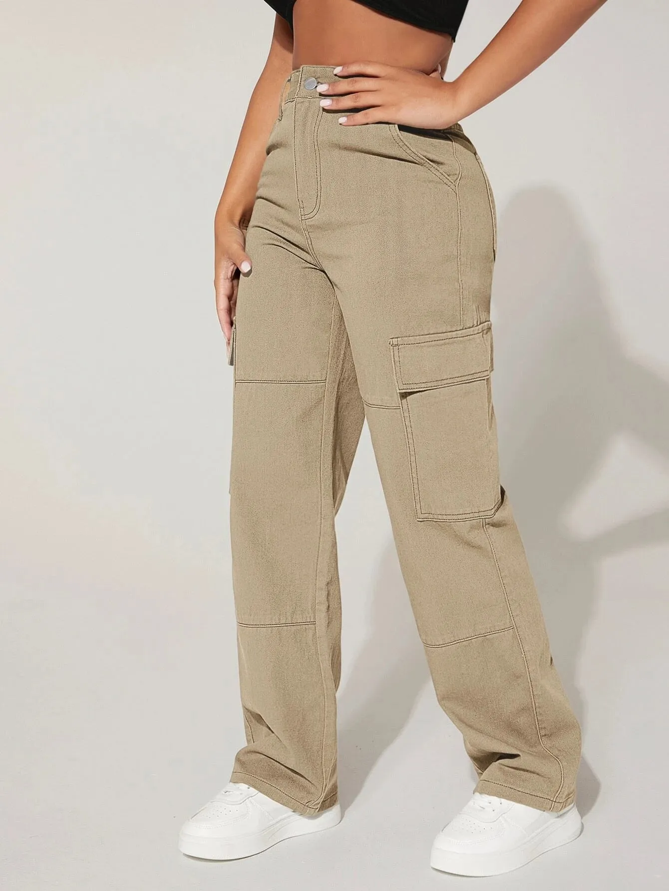 High Waist Cargo Flap Pocket Jeans