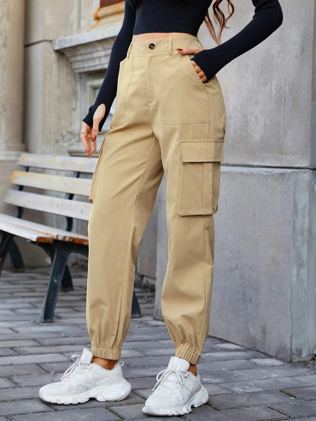 High Waist Casual Slant Pocket Cargo Pants