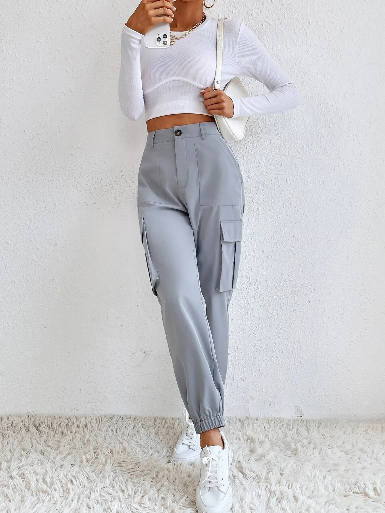 High Waist Casual Slant Pocket Cargo Pants