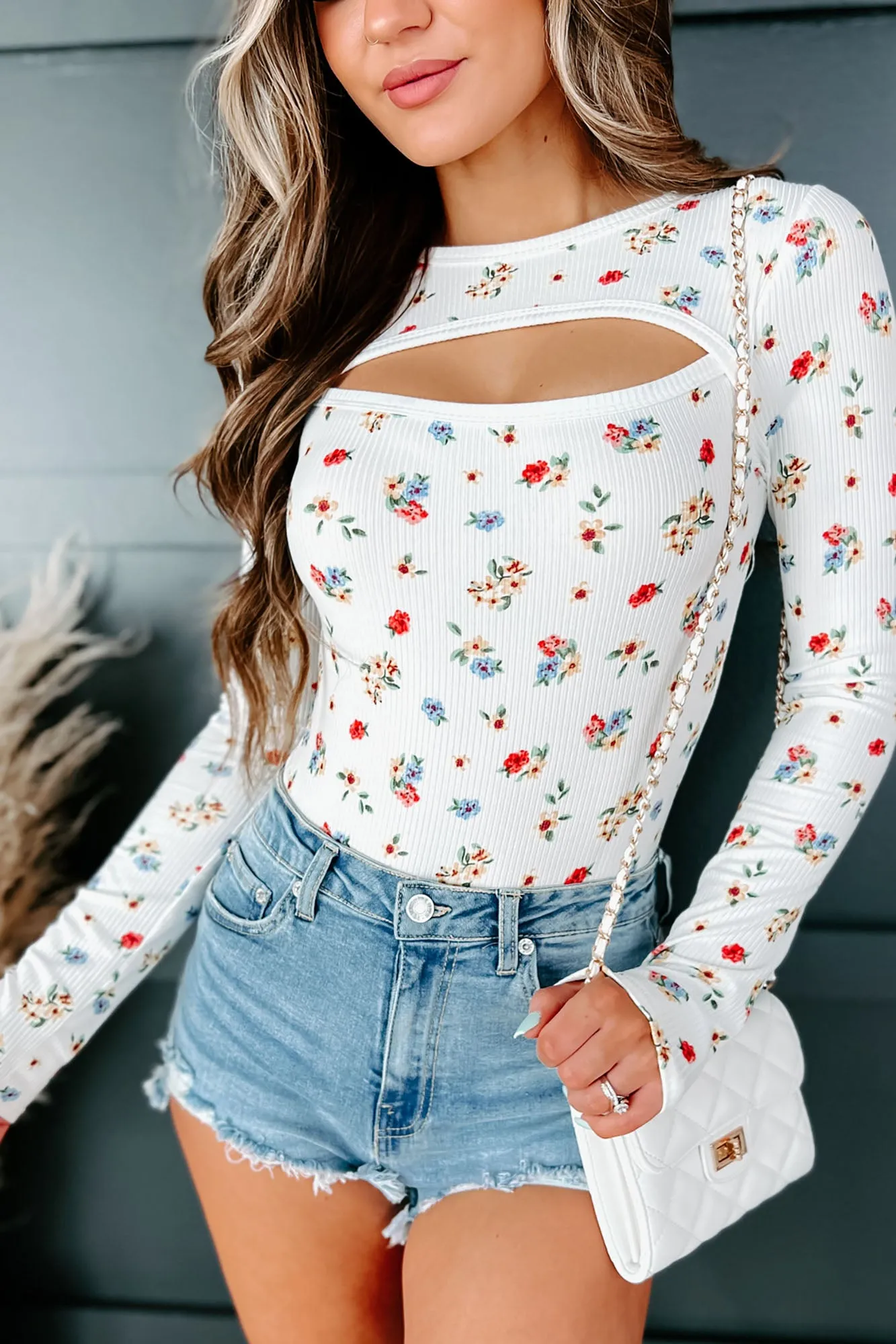 Hopelessly Yours NanaMacs Original Long Sleeve Cut-Out Floral Bodysuit (Ivory/Red/Blue)