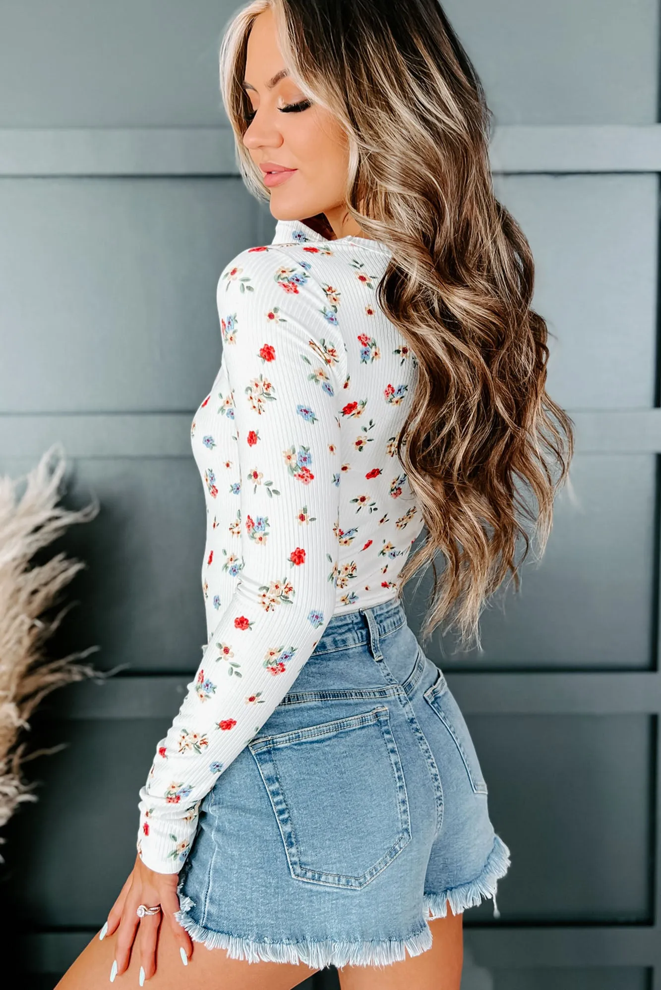 Hopelessly Yours NanaMacs Original Long Sleeve Cut-Out Floral Bodysuit (Ivory/Red/Blue)