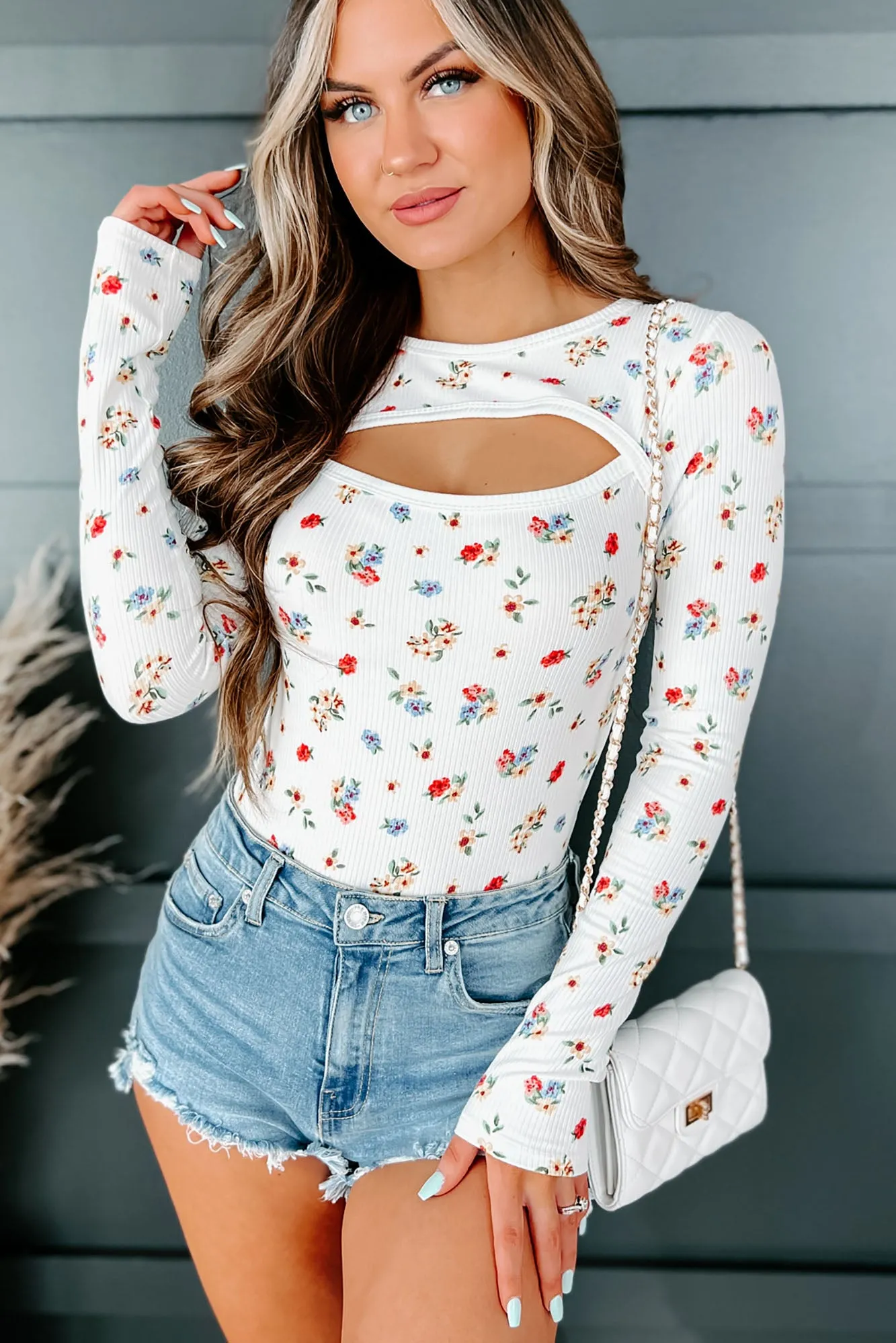 Hopelessly Yours NanaMacs Original Long Sleeve Cut-Out Floral Bodysuit (Ivory/Red/Blue)