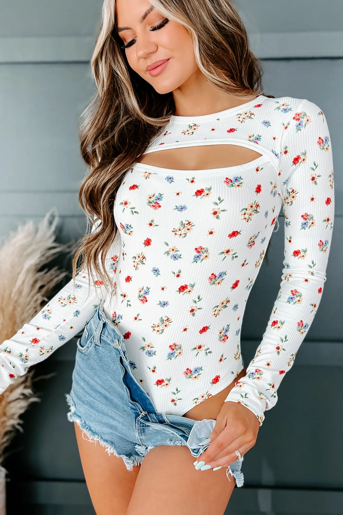 Hopelessly Yours NanaMacs Original Long Sleeve Cut-Out Floral Bodysuit (Ivory/Red/Blue)